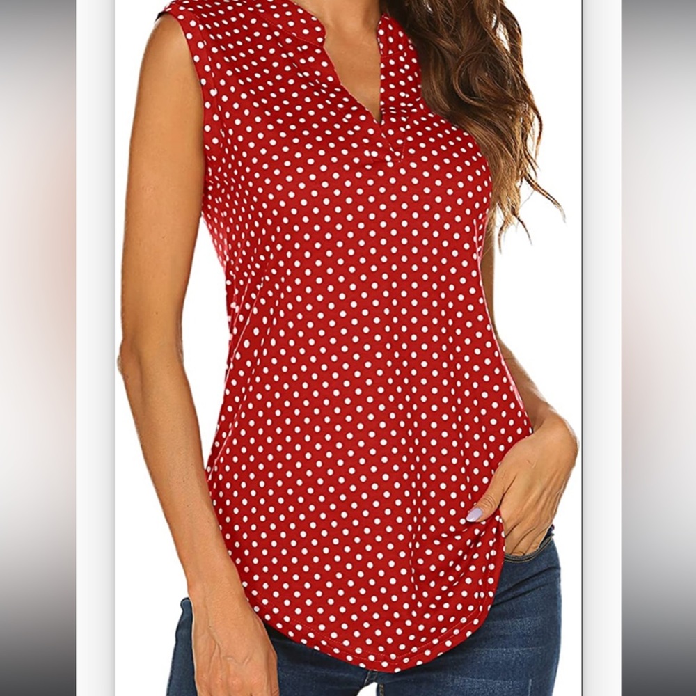 Red Sleeveless Top Blouse with White Polka Dots